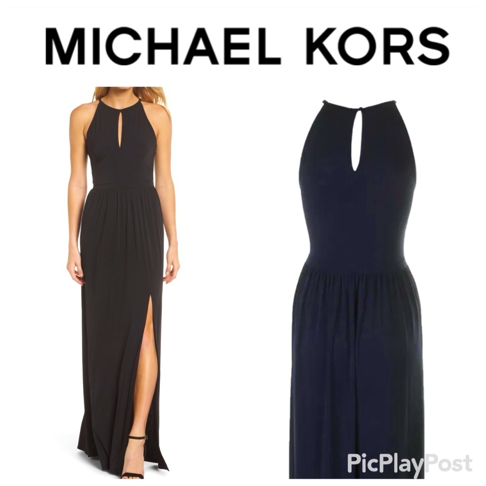 Michael Kors Black Keyhole Maxi STRETCH Dress XS HIGH SLIT WORN ONCE LIKE NEW